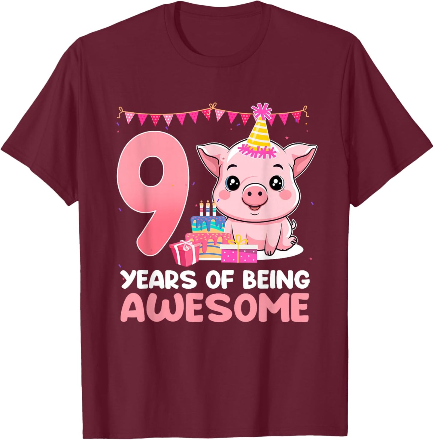 Kids 9 Years Of Being Awesome 9th Birthday Cute Pig T-Shirt - T-Shirt | Maroon