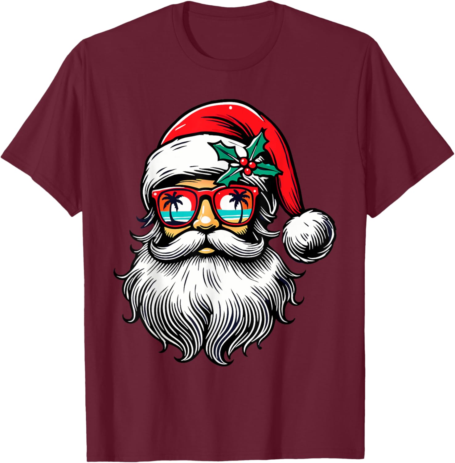 Santa Face Retro Sunglasses Hawaii Christmas Xmas Tropical T-Shirt - T-Shirt | Maroon