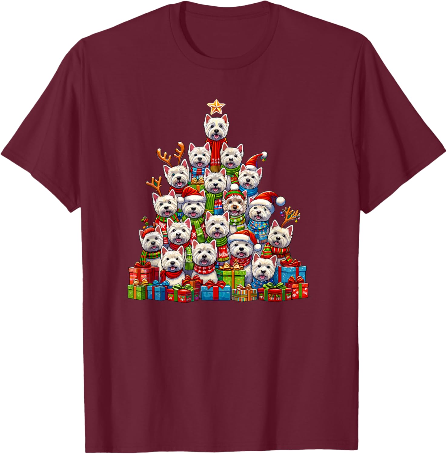 Christmas Tree West Highland White Terrier Westie T-Shirt - T-Shirt | Maroon