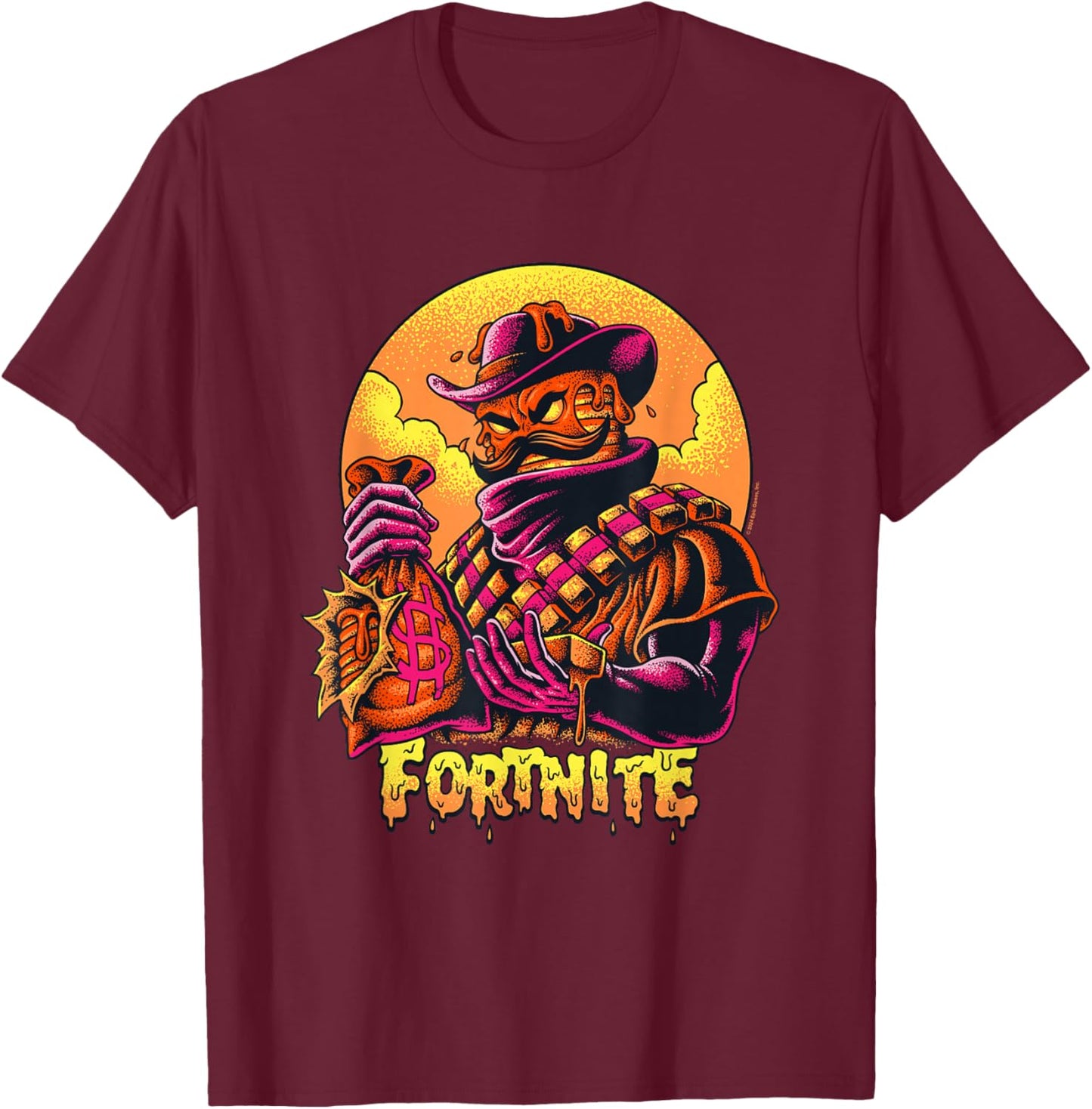 Fortnite Iconic Mancake Cowboy Distressed Big Chest Portrait T-Shirt - T-Shirt | Maroon
