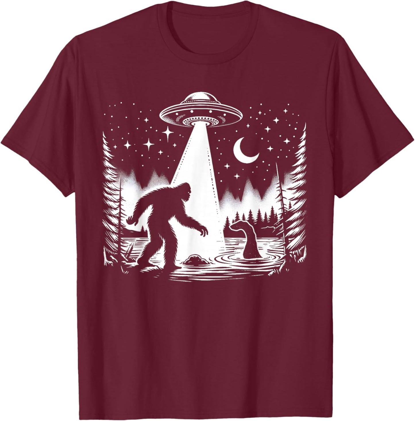Cryptid Bigfoot, Loch Ness Monster, & UFO Alien Spaceship T-Shirt - T-Shirt | Maroon