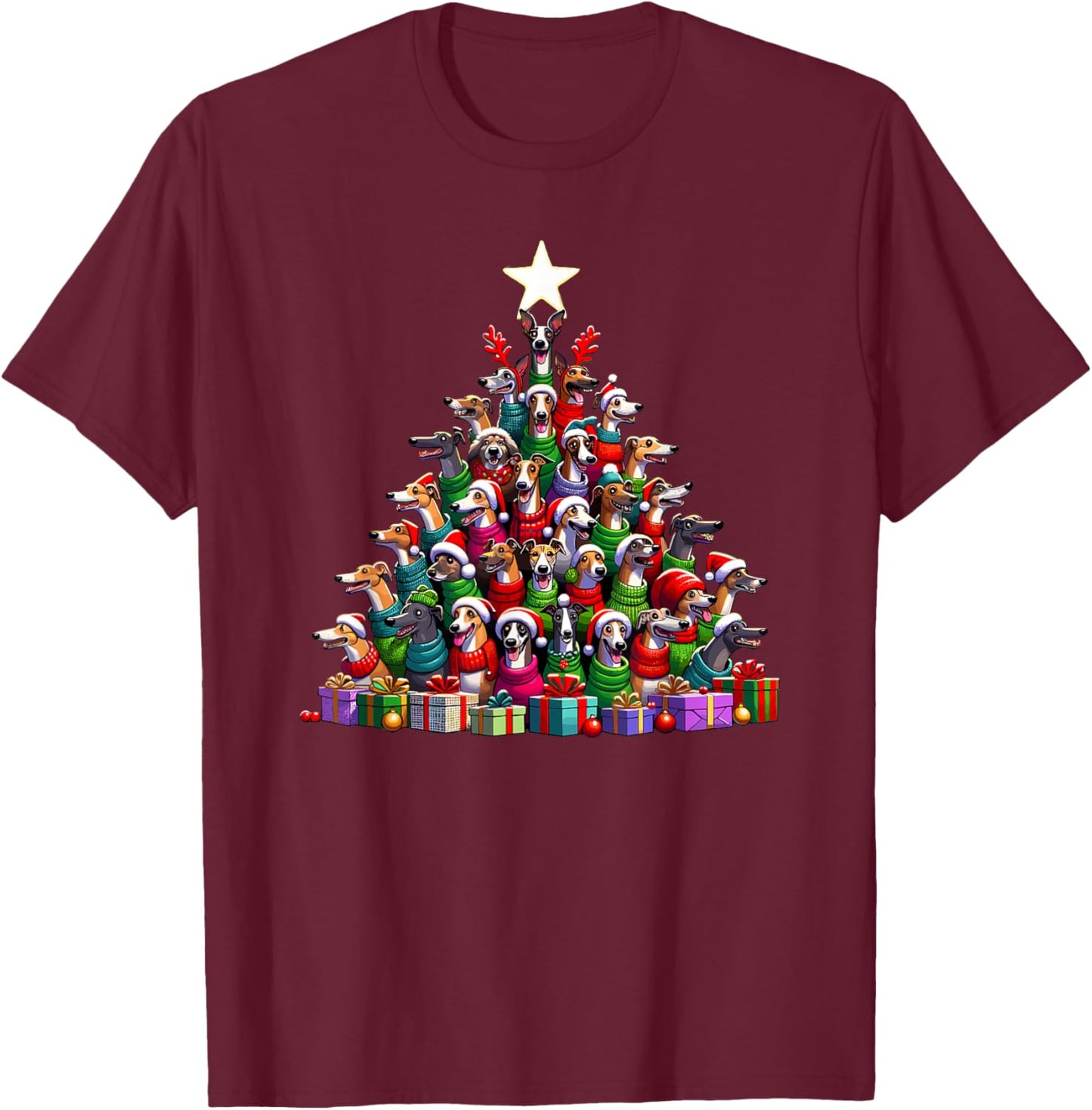 Christmas Tree Italian Greyhound Italian Sighthound Iggy T-Shirt - T-Shirt | Maroon