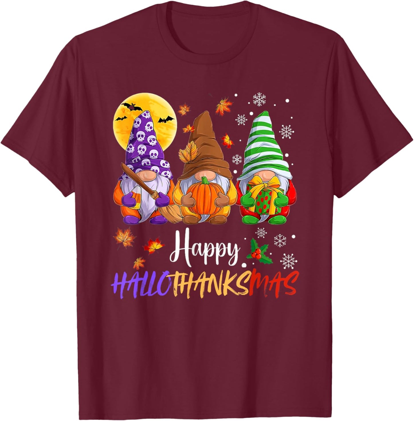 Happy Hallothanksmas Gnomes Lover Halloween Merry Christmas T-Shirt - T-Shirt | Maroon