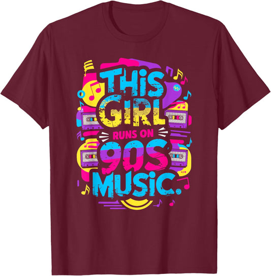 This Girl Runs On 90s Music Fun Retro Cassette T-Shirt - T-Shirt | Maroon