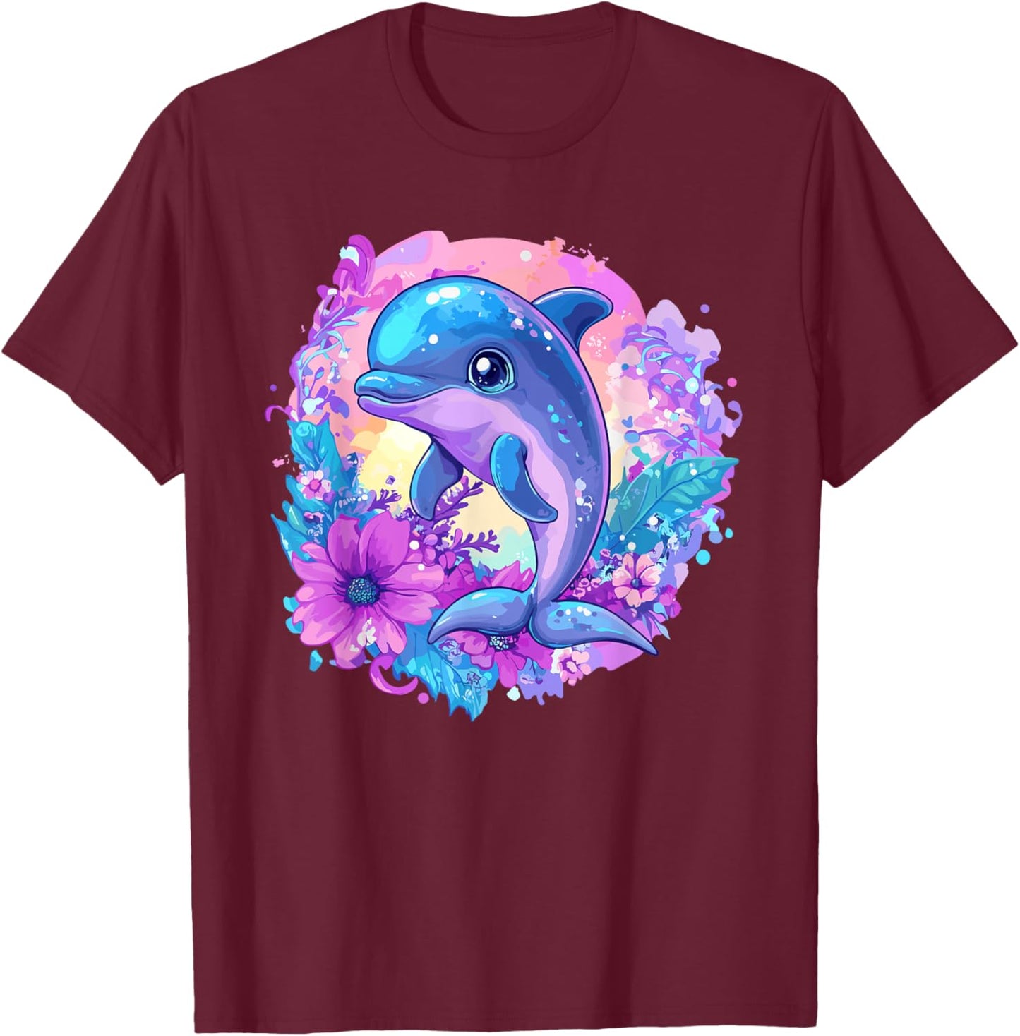 Playful Dolphin Surrounded By Flowers T-Shirt - T-Shirt | Maroon