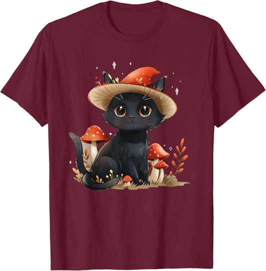 Cute Cottagcore Cat Mushroom Hat Grunge Aesthetic Vintage Men Women Kids T-Shirt - T-Shirt | Maroon