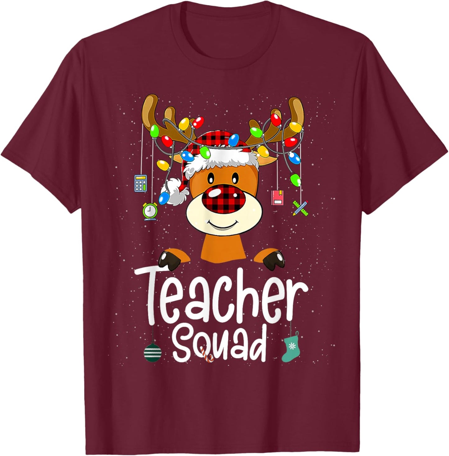 Teacher Squad Red Black Plaid Rudolph Reindeer Christmas T-Shirt - T-Shirt | Maroon