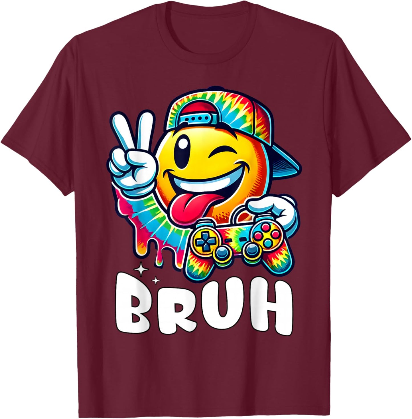 Groovy Tie Dye Gaming Funny Bruh Boys Peace Sign Gamer Kids T-Shirt - T-Shirt | Maroon