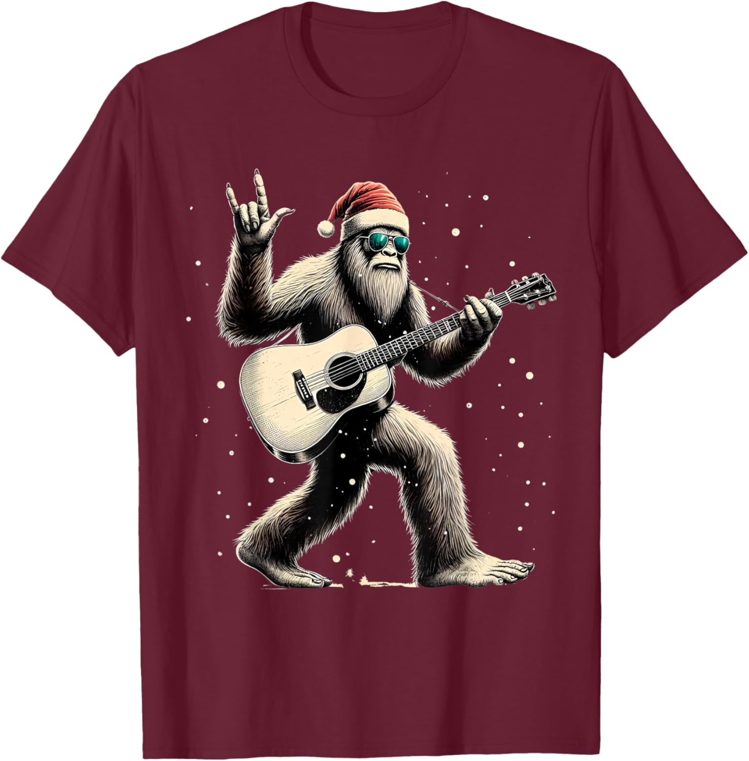 Funny Bigfoot Santa Hat Christmas Bigfoot Playing Guitar T-Shirt - T-Shirt | Maroon