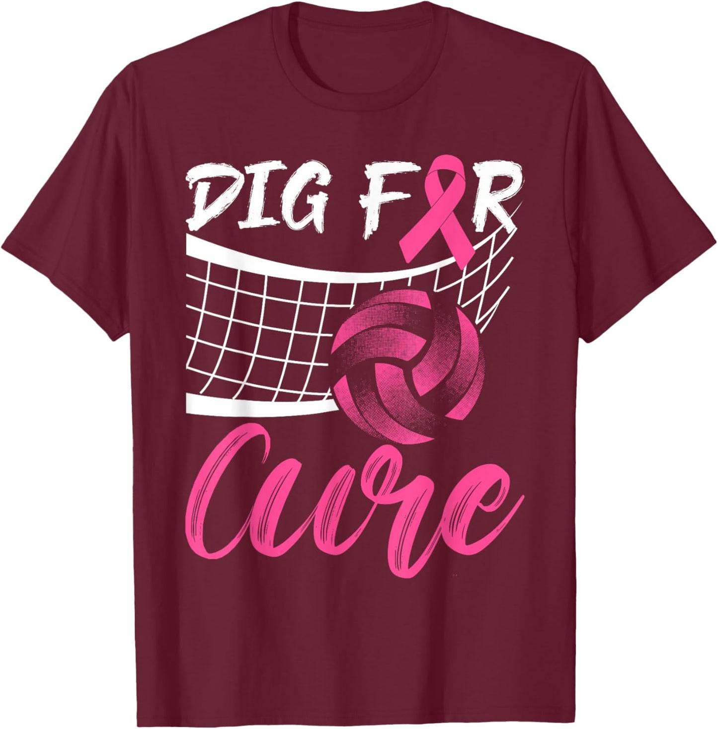 Dig For A Cure Breast Cancer Pink Ribbon Volleyball Women T-Shirt - T-Shirt | Maroon