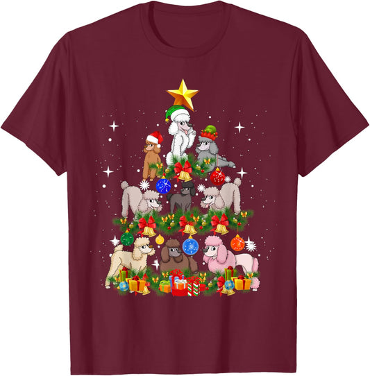 Funny Poodle Christmas Tree Santa Hat Xmas Holiday Costume Men Women Kids T-Shirt - T-Shirt | Maroon
