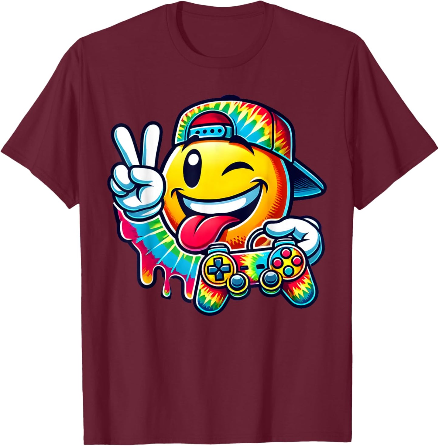 Groovy Tie Dye Gaming Boys 70s Retro Smile Peace Sign Gamer T-Shirt - T-Shirt | Maroon