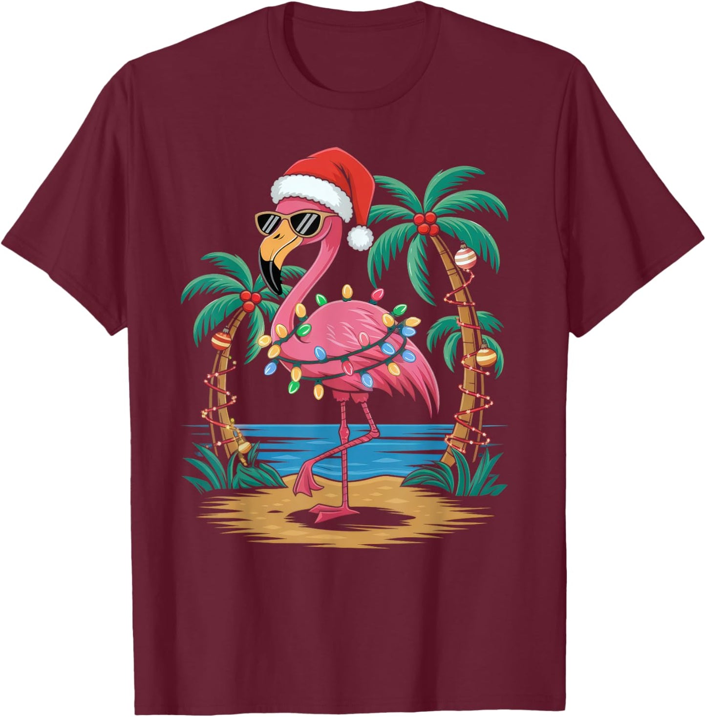 Santa Flamingo Christmas Lights Tropical Palms Tree Beach T-Shirt - T-Shirt | Maroon