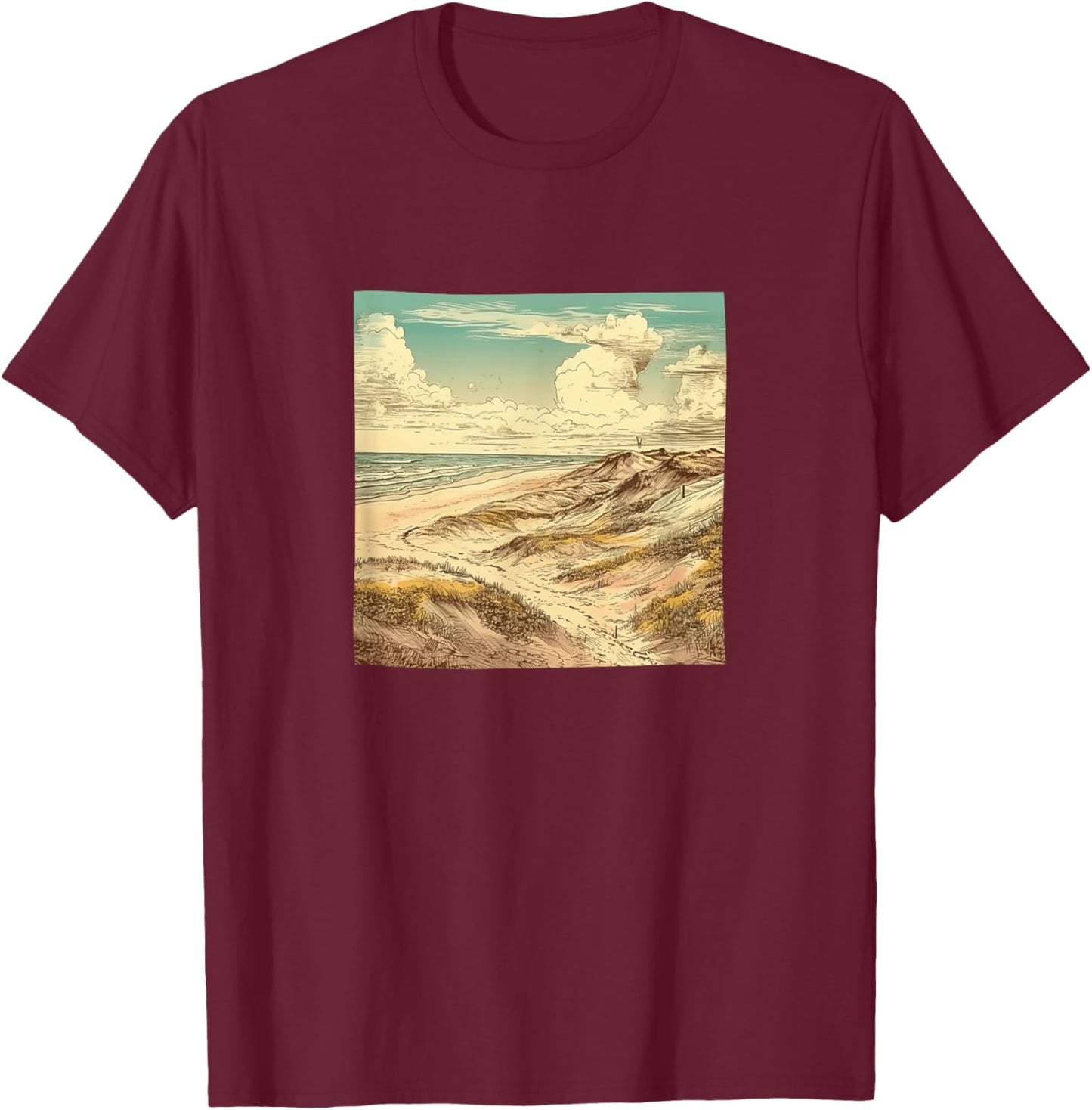 Sandy Beach With Dunes Vintage Landscape Graphic T-Shirt - T-Shirt | Maroon