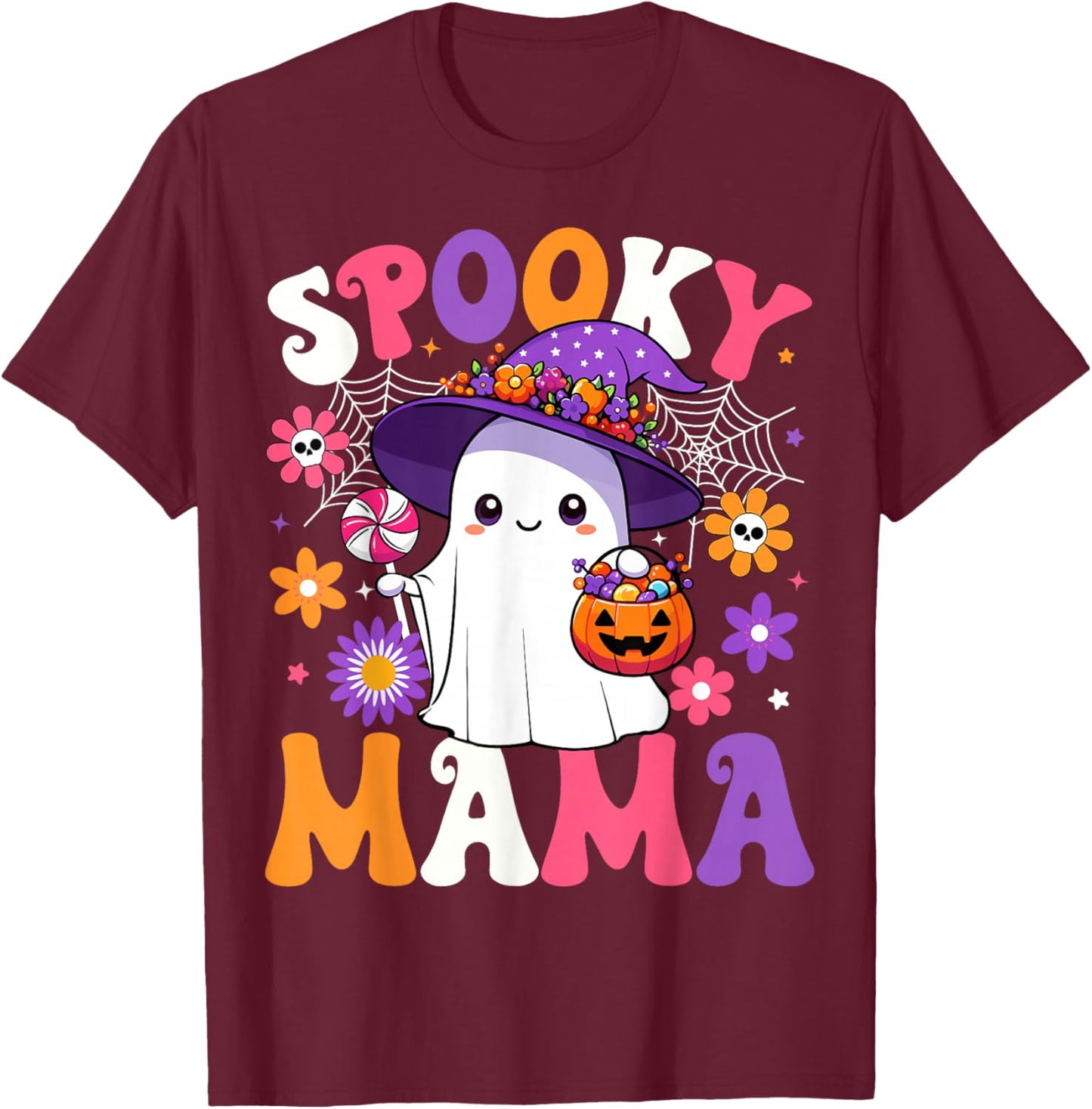 Groovy Spooky Mama Halloween Ghost Pumpkin Halloween Mom T-Shirt - T-Shirt | Maroon