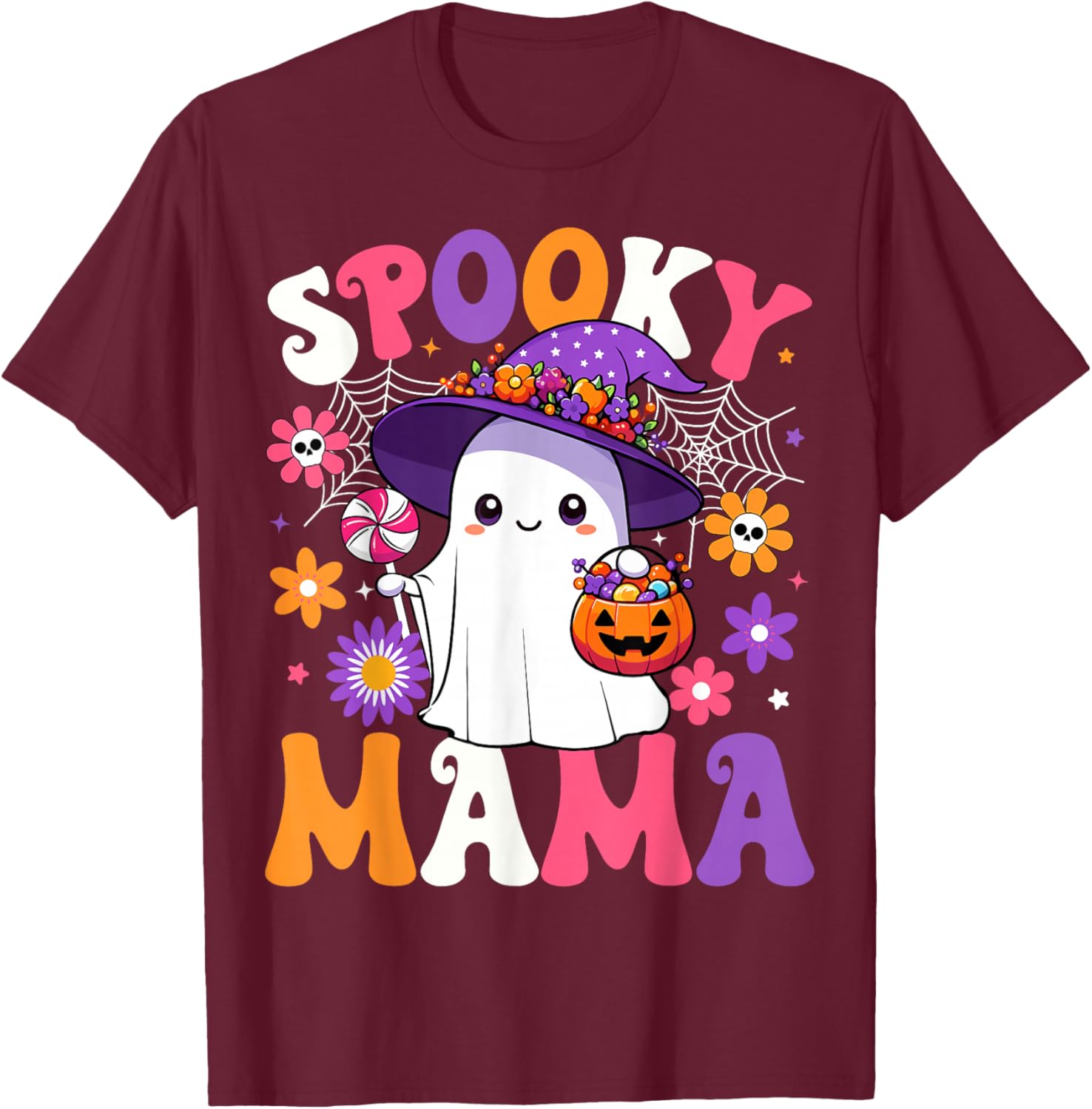 Groovy Spooky Mama Halloween Ghost Pumpkin Halloween Mom T-Shirt - T-Shirt | Maroon
