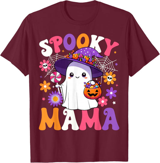 Groovy Spooky Mama Halloween Ghost Pumpkin Halloween Mom T-Shirt - T-Shirt | Maroon