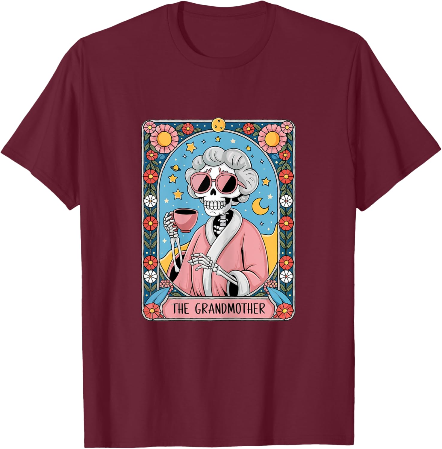 Tarot Card The Grandmother Granny Vintage Goth Art Skeleton T-Shirt - T-Shirt | Maroon