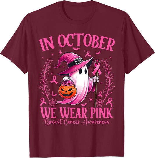 In October We Wear Pink Breast Cancer Awareness Halloween T-Shirt - T-Shirt | Maroon