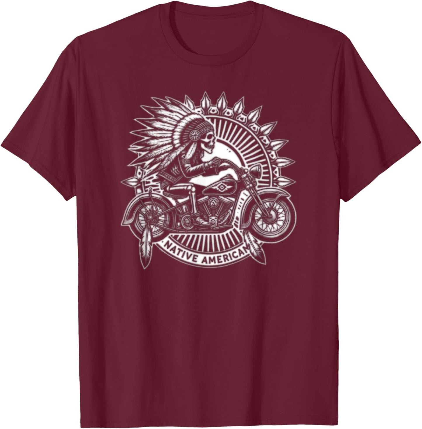 Native American Indian Chief Skeleton Motorcycle Biker T-Shirt - T-Shirt | Maroon