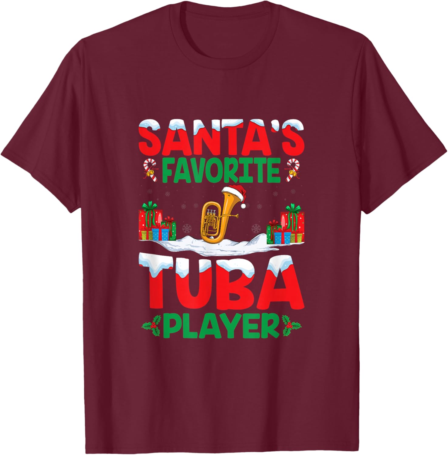 Santa's Favorite Tuba Player Xmas Party Tuba Music Christmas T-Shirt - T-Shirt | Maroon