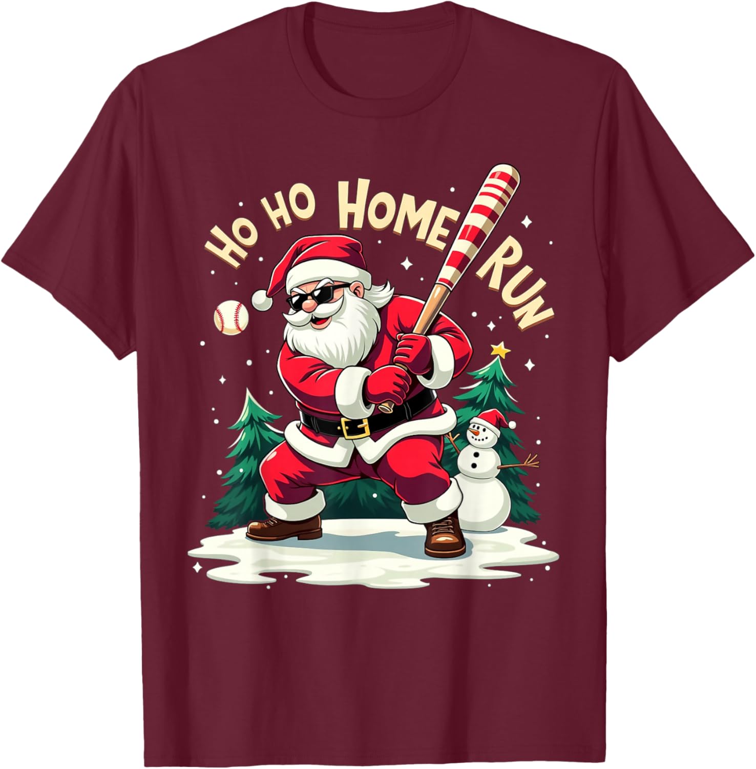 Ho Ho Home Run Santa Baseball Player Batter Christmas T-Shirt - T-Shirt | Maroon