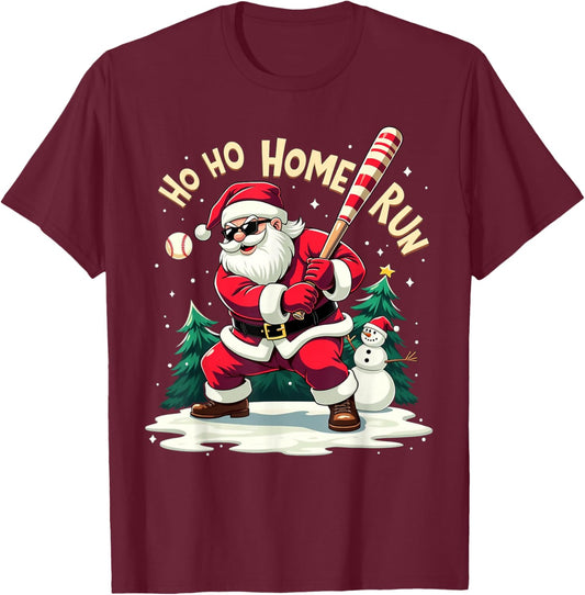 Ho Ho Home Run Santa Baseball Player Batter Christmas T-Shirt - T-Shirt | Maroon