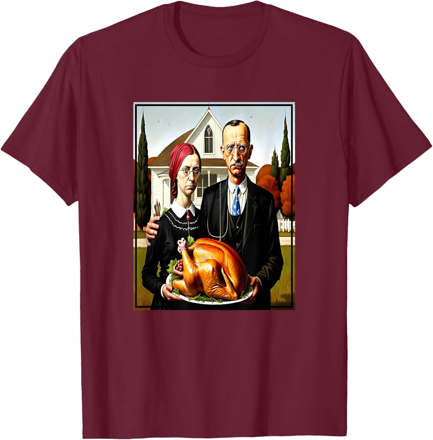 Thanksgiving Dinner American Gothic Parody Painting T-Shirt - T-Shirt | Maroon