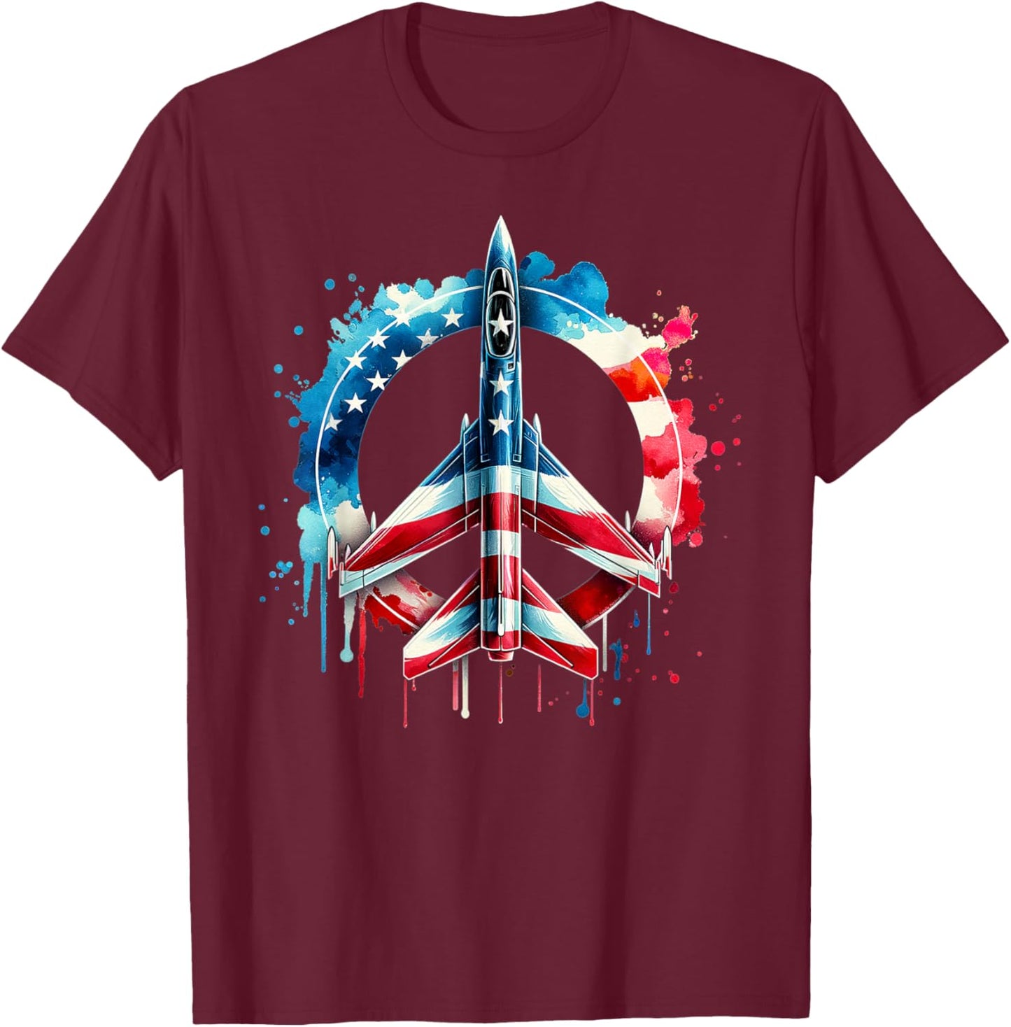 Flying Jet American Flag Peace Sig USA Patriotic July 4th T-Shirt - T-Shirt | Maroon