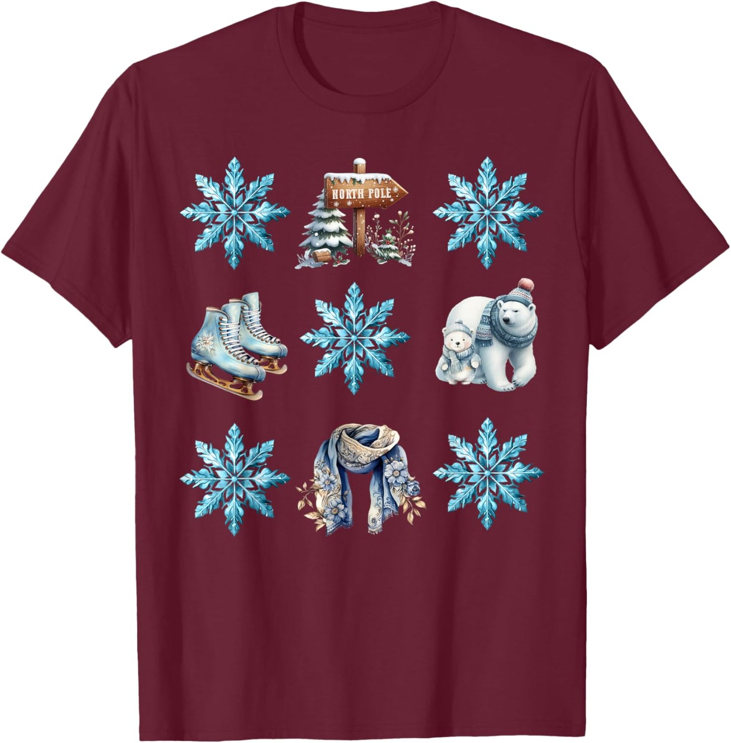 Skate Winter Wonderland Snowflake Icy Blue Christmas T-Shirt - T-Shirt | Maroon