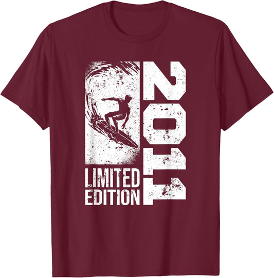 Surfer Surf-board Vintage born 2011 Birthday Surfing T-Shirt - T-Shirt | Maroon
