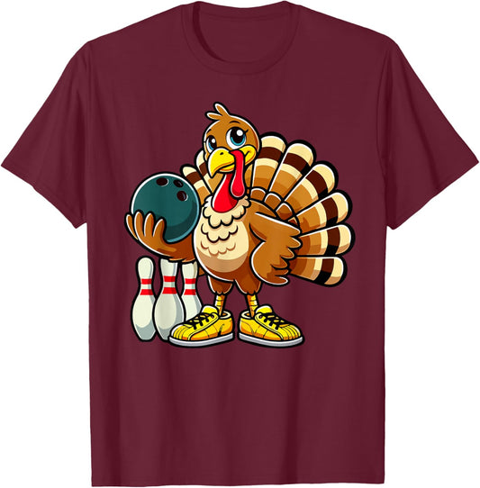 Thanksgiving Bowling Shirt Men Women Funny Turkey Bowling T-Shirt - T-Shirt | Maroon