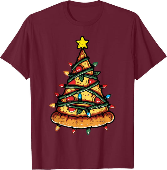 Christmas Pizza Xmas Tree Funny Xmas Food Men Women Kids T-Shirt - T-Shirt | Maroon