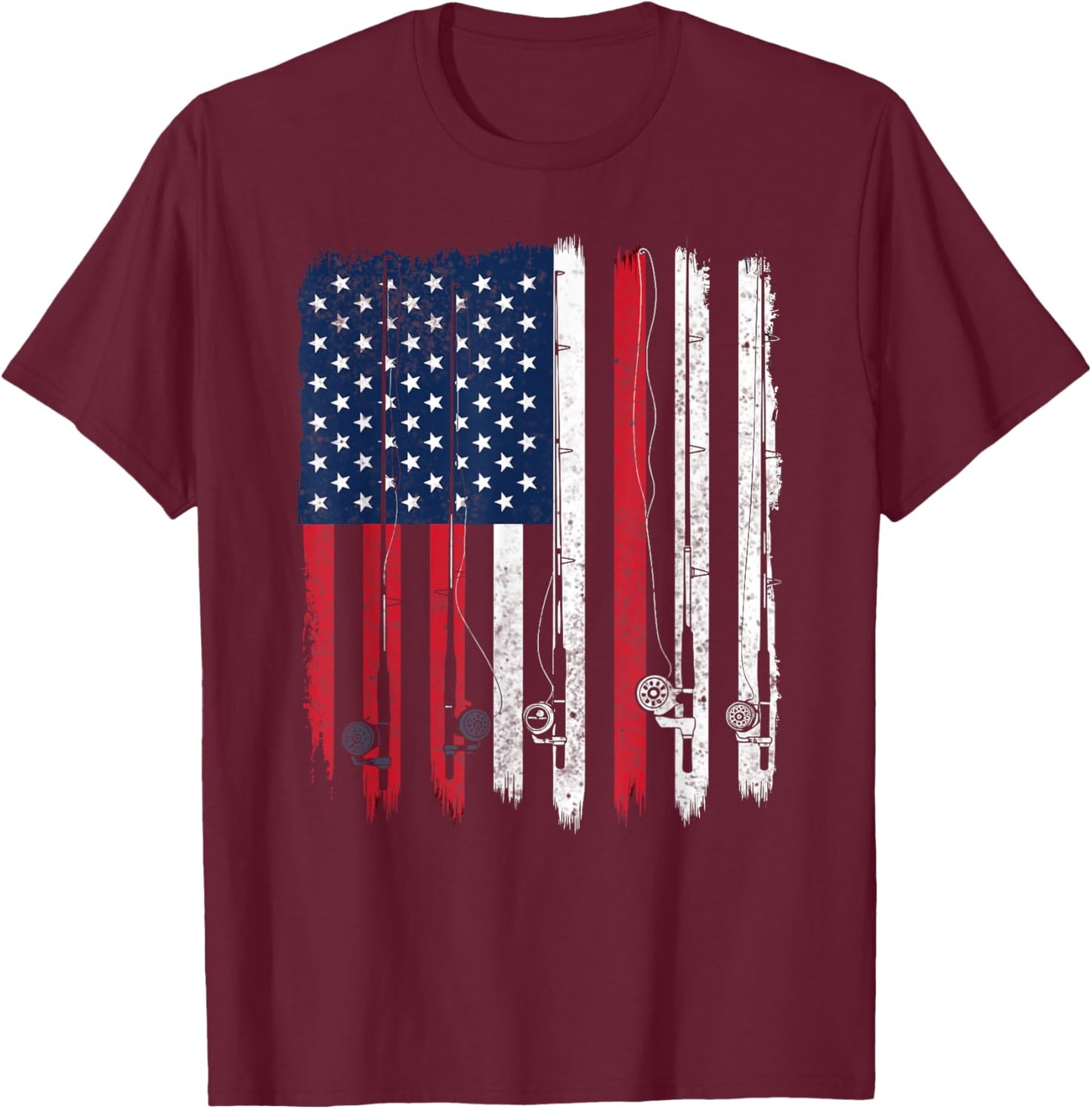 American Flag Fishing Rod Fishing T-Shirt - T-Shirt | Maroon