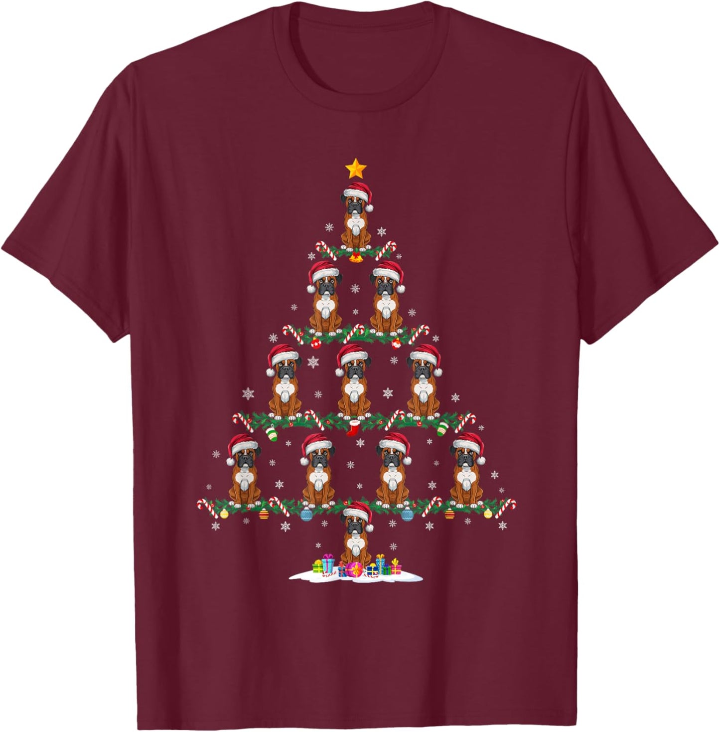 Boxer Dog Christmas Tree Pajama Men Women Kids Ugly Xmas T-Shirt - T-Shirt | Maroon