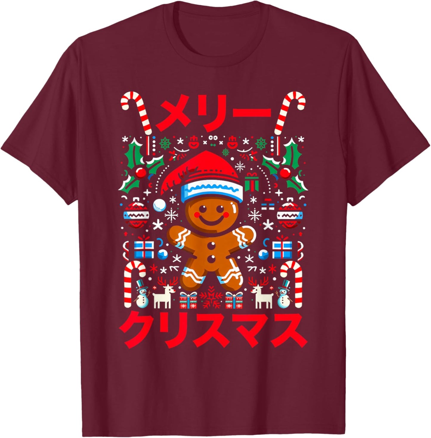 Gingerman Christmas Anime Kawaii Meri Kurisumasu Japanese T-Shirt - T-Shirt | Maroon