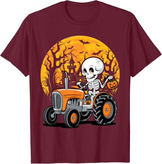 Skeleton Riding Tractor Funny Halloween T-Shirt - T-Shirt | Maroon