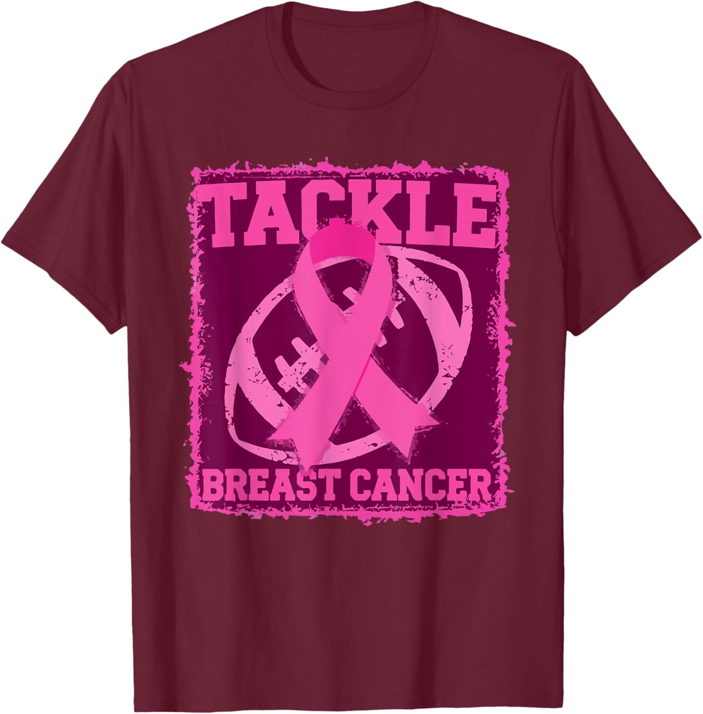 Tackle Breast Cancer Pink Ribbon American Fantasy Football T-Shirt - T-Shirt | Maroon
