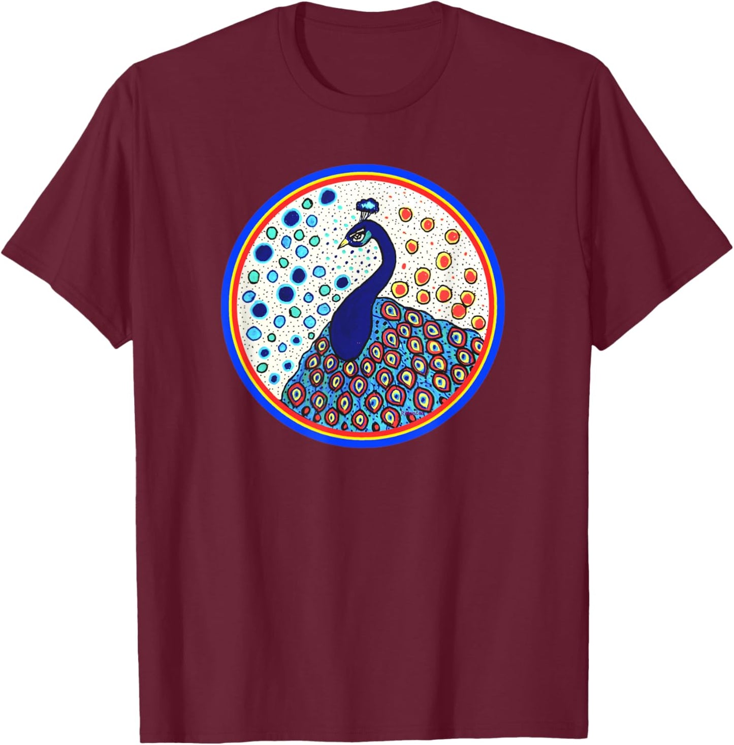 Pyram's Heart Folk Art Design- the Caribbean Peafowl T-Shirt - T-Shirt | Maroon