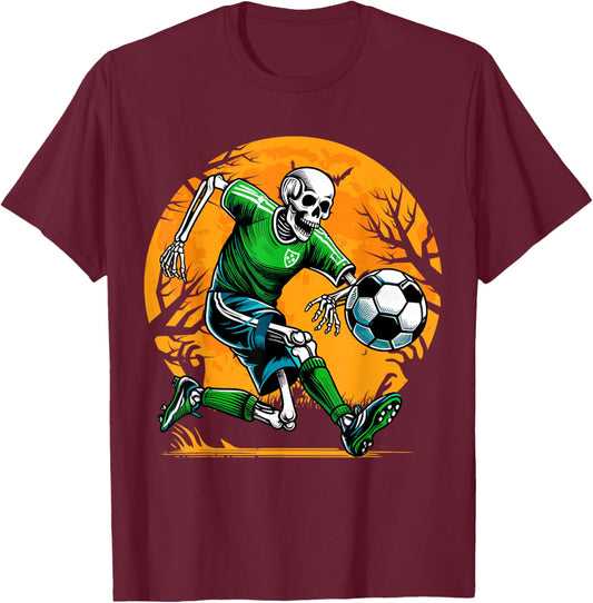 Soccer Skeleton Halloween Football Spooky Boys Soccer Player T-Shirt - T-Shirt | Maroon