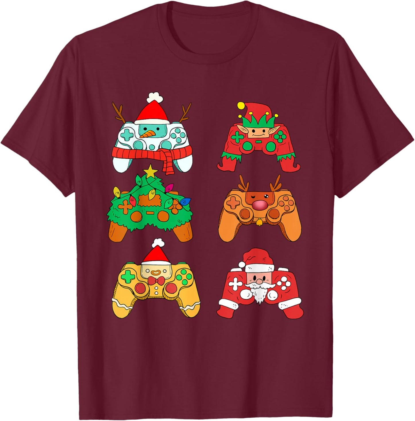 Christmas Santa Elf Gaming Controllers Gamer Xmas Boys Kids T-Shirt - T-Shirt | Maroon