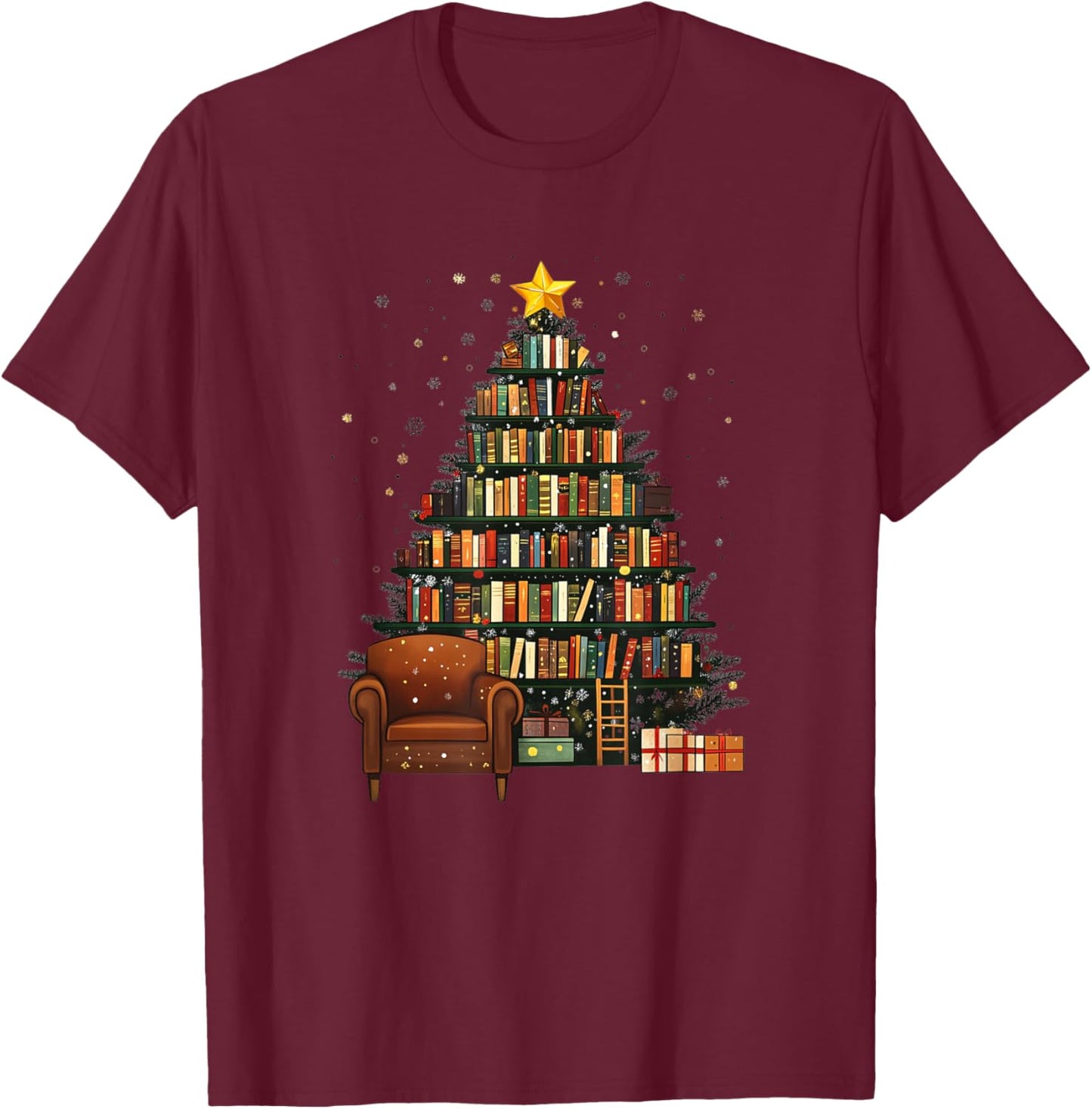 Christmas Tree Bookshelf - Book Lover Library T-Shirt - T-Shirt | Maroon