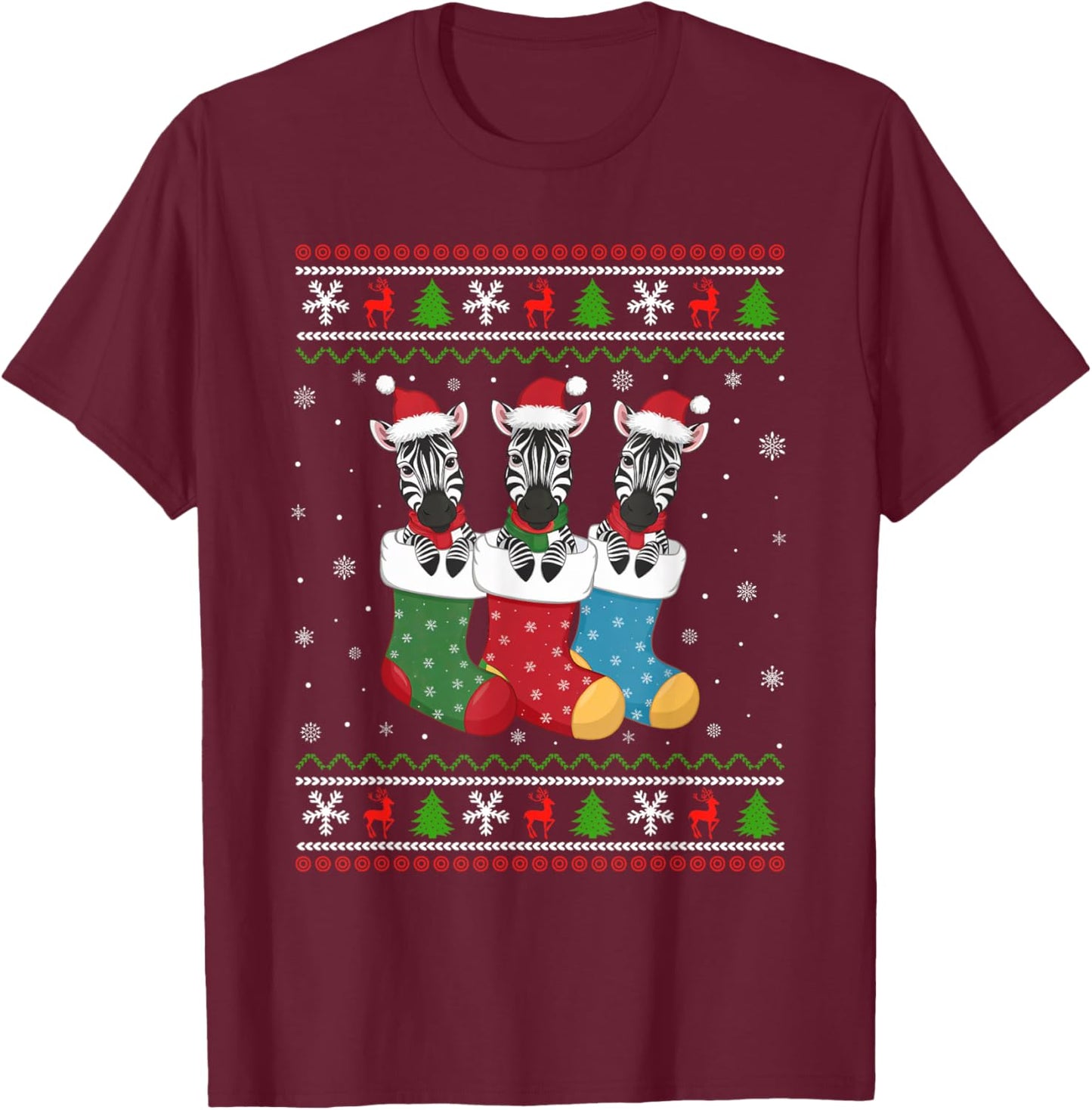 Ugly Xmas Sweater Zebra In Christmas Socks T-Shirt - T-Shirt | Maroon
