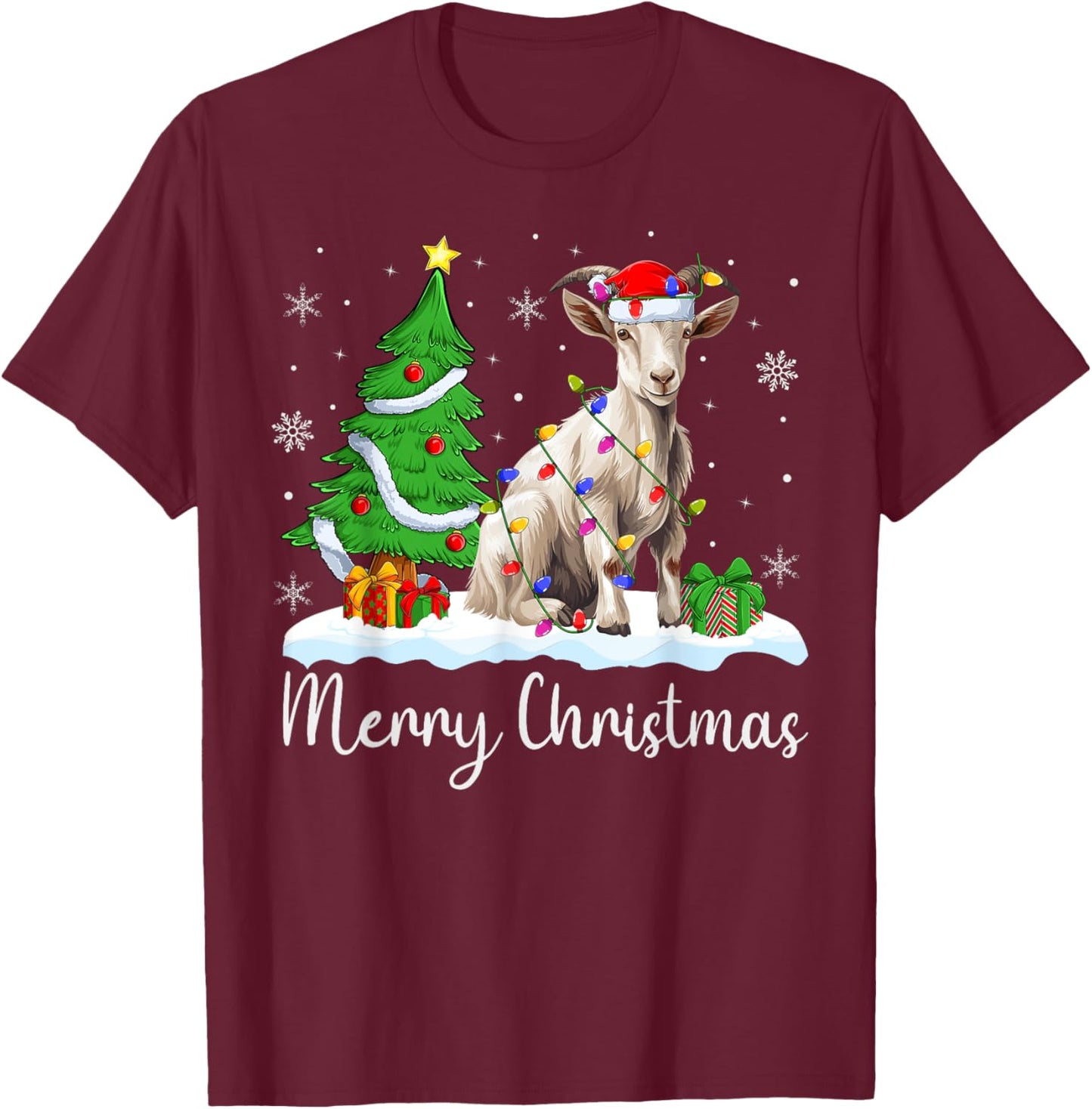 Goat Xmas Lighting Santa Hat Goat Merry Christmas Tree T-Shirt - T-Shirt | Maroon