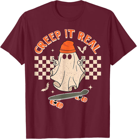 Creep It Real Skateboarding Ghost Retro Halloween Costume T-Shirt - T-Shirt | Maroon