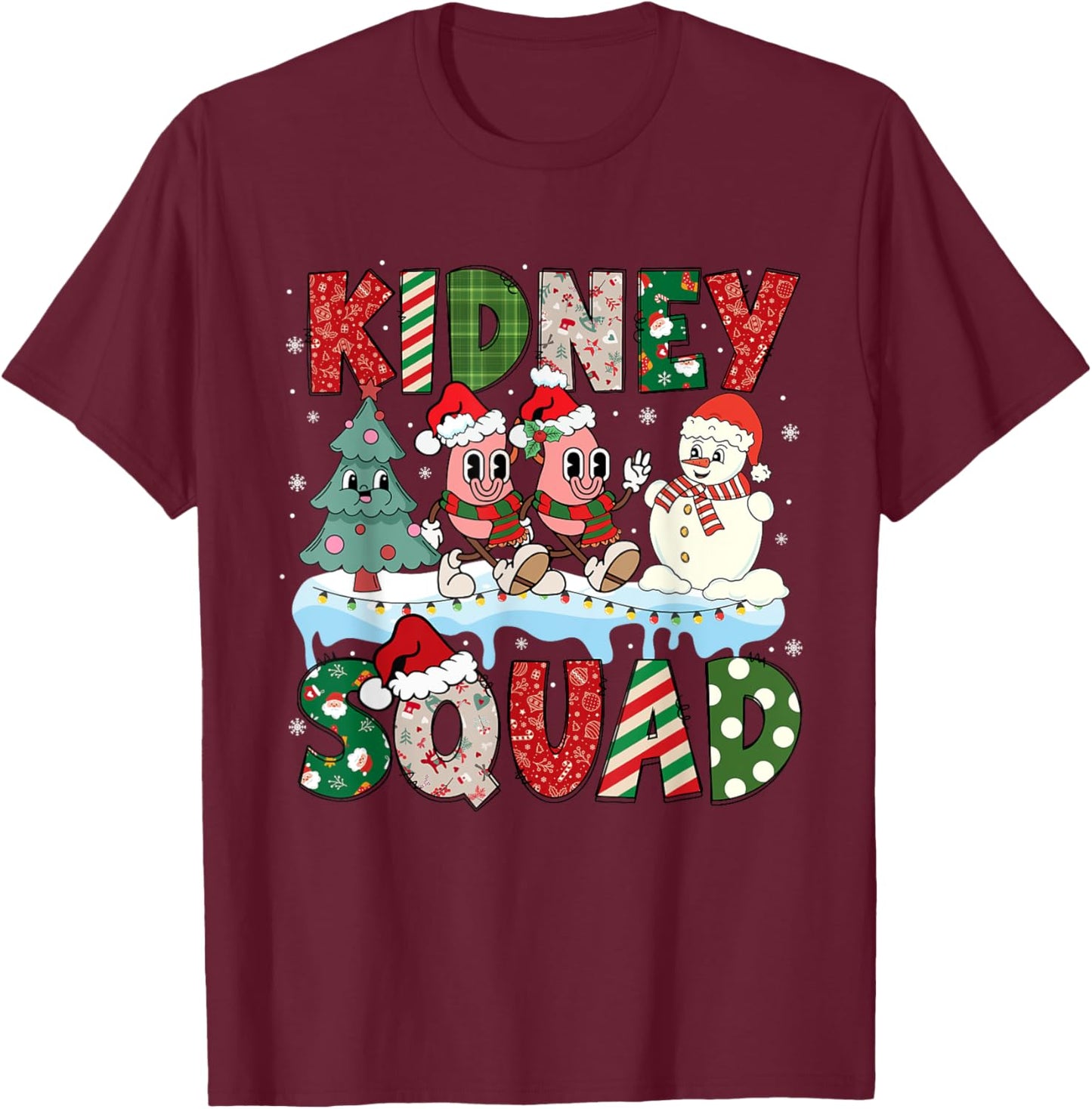 Kidney Squad Xmas Tree Snowman Dialysis Nurse Christmas T-Shirt - T-Shirt | Maroon