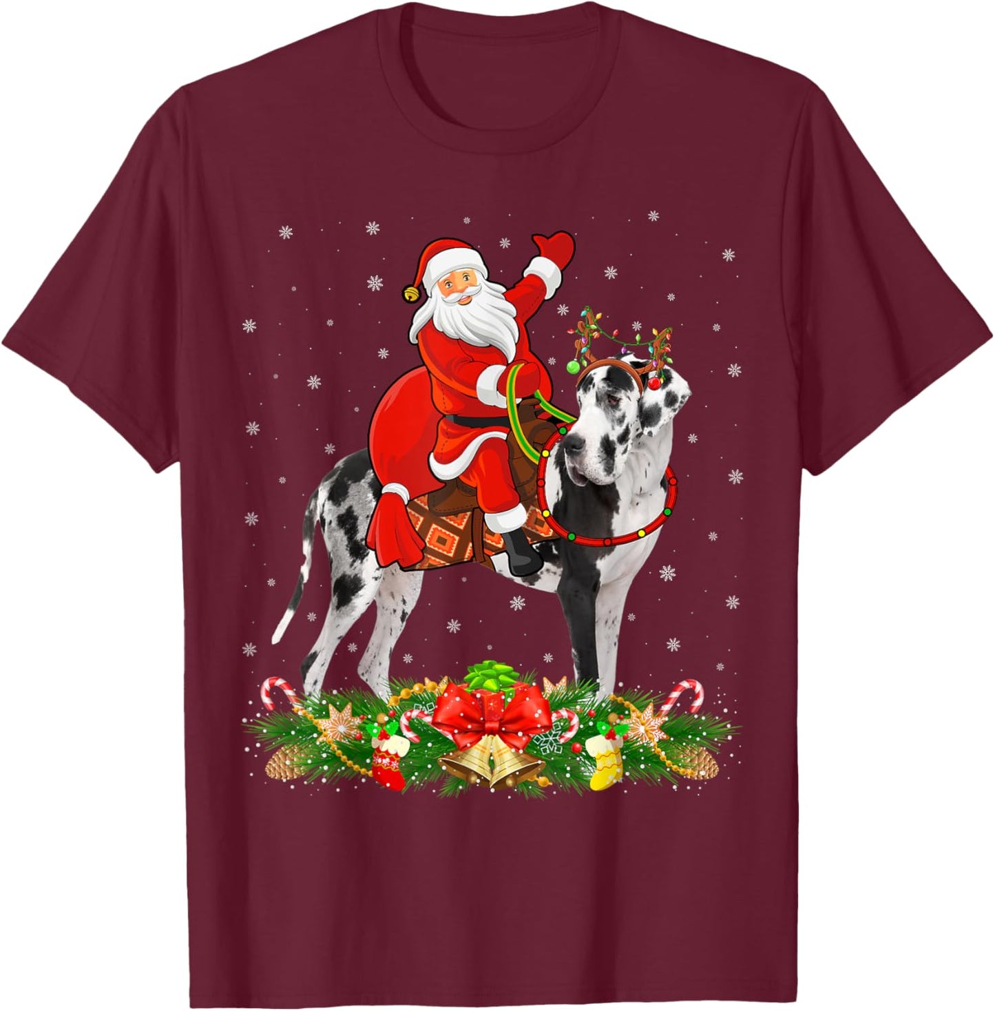 Xmas Decor Funny Santa Riding Great Dane Dog Christmas Men Women Kids T-Shirt - T-Shirt | Maroon