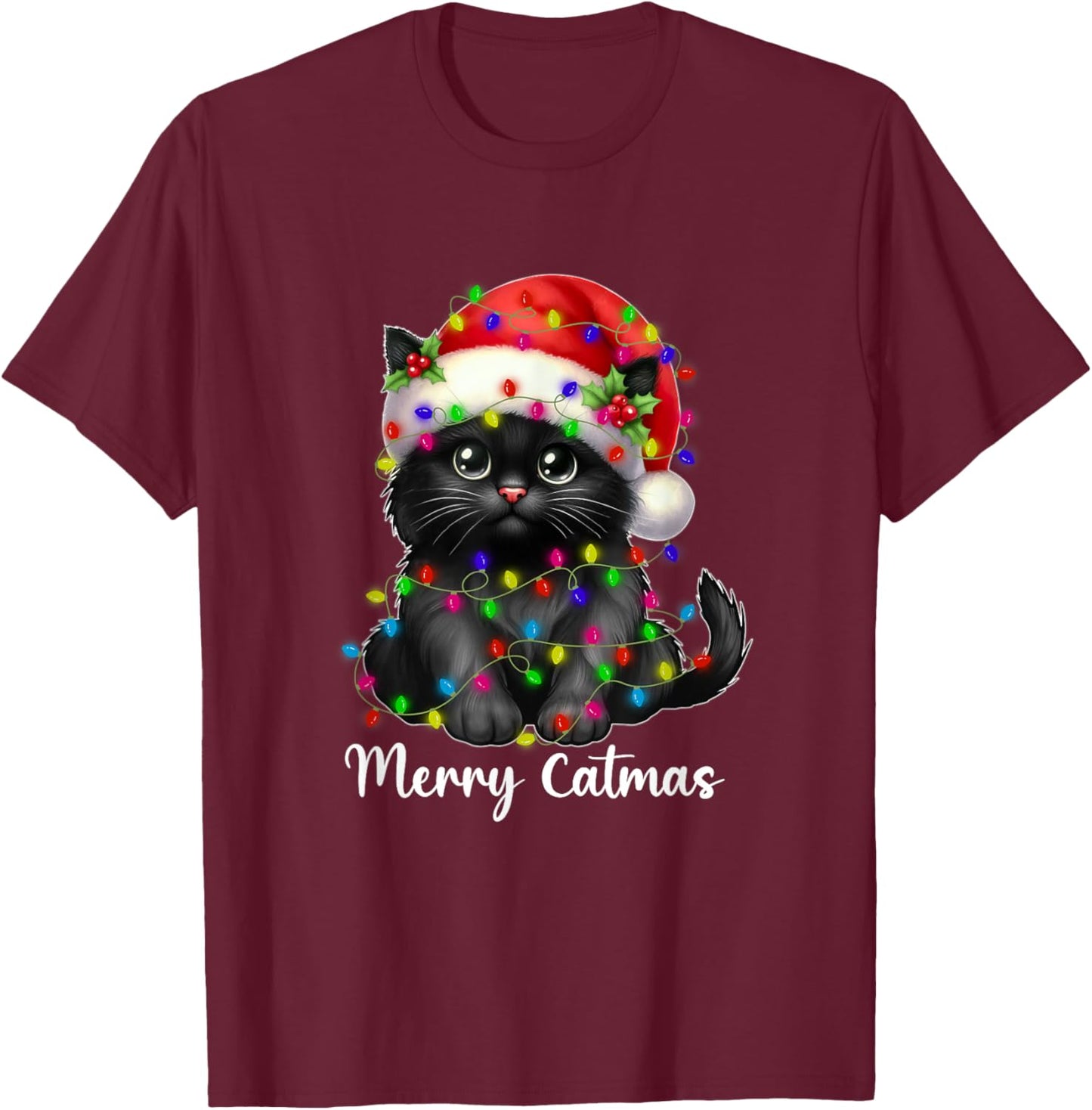 Merry Catmas Black Cat Christmas Light Xmas Family Men Women T-Shirt - T-Shirt | Maroon