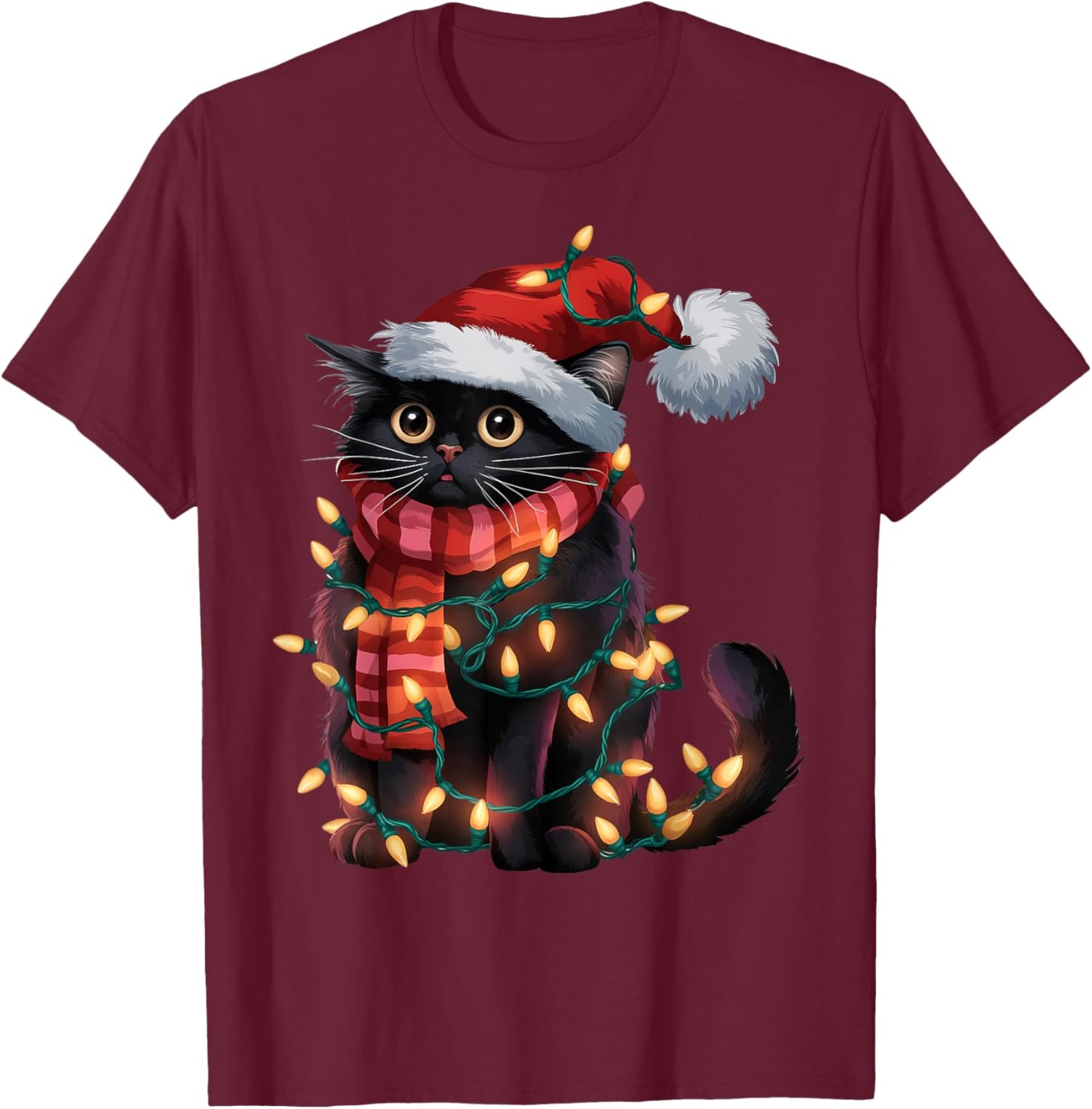 Black Cat Christmas Shirt Santa Hat Xmas Lights T-Shirt - T-Shirt | Maroon