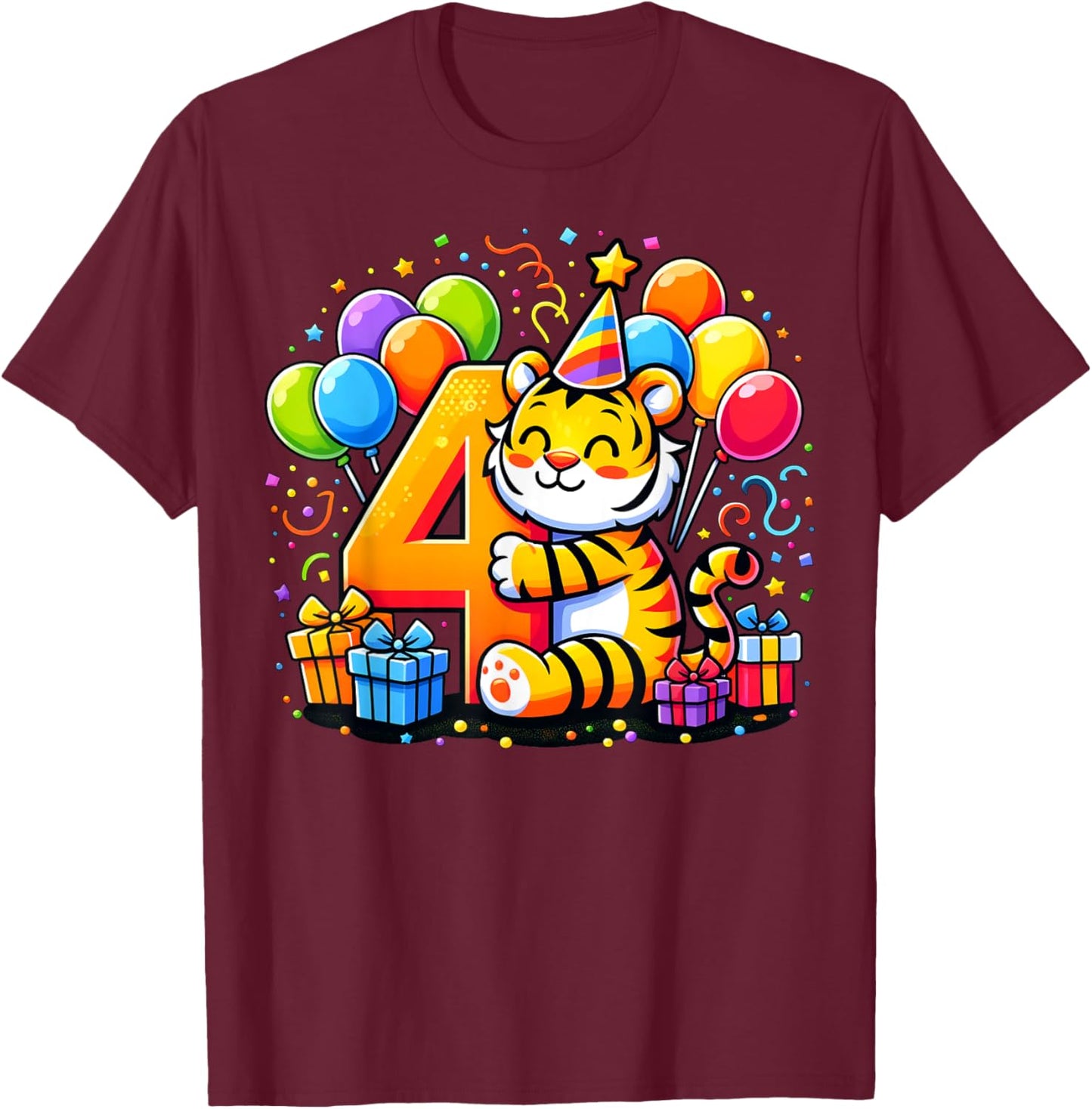 Kids Tiger Theme fourth Bday Party 4th Tiger Birthday T-Shirt - T-Shirt | Maroon